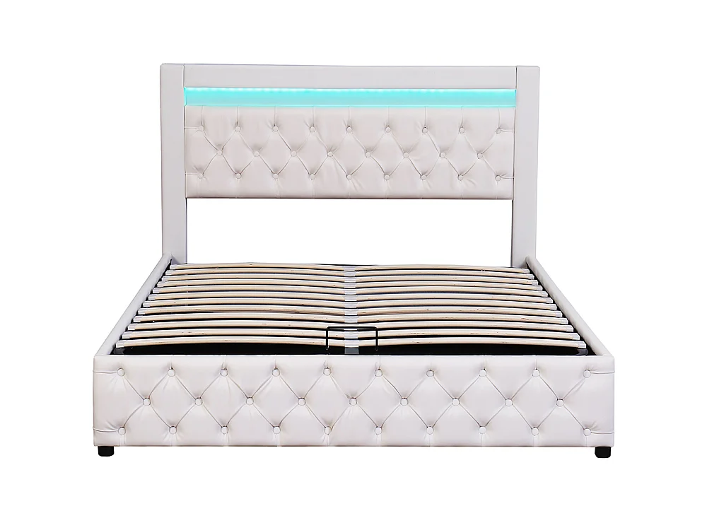 Lit adulte rembourré 140x200 cm, Lit coffre avec éclairage LED, sommier à lattes, rangement hydraulique, tissu en PU, blanc