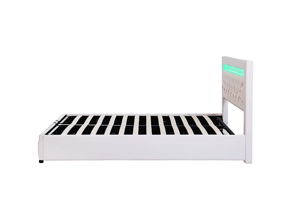 Lit adulte rembourré 140x200 cm, Lit coffre avec éclairage LED, sommier à lattes, rangement hydraulique, tissu en PU, blanc