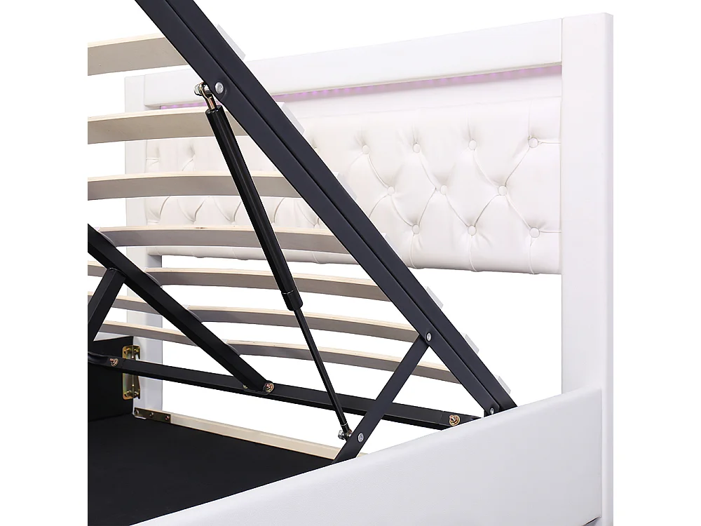Lit adulte rembourré 140x200 cm, Lit coffre avec éclairage LED, sommier à lattes, rangement hydraulique, tissu en PU, blanc