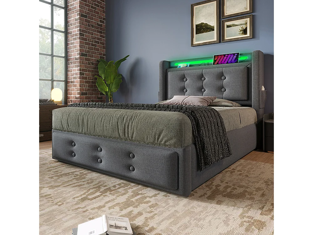 Lit Coffre 90 x 200 cm - avec LED et port USB-C - Tête de lit capitonné avec étagères ouvertes - Sommier à lattes - Gris - Coton