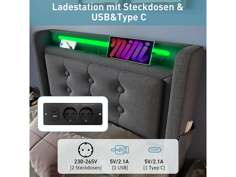 Lit Coffre 90 x 200 cm - avec LED et port USB-C - Tête de lit capitonné avec étagères ouvertes - Sommier à lattes - Gris - Coton