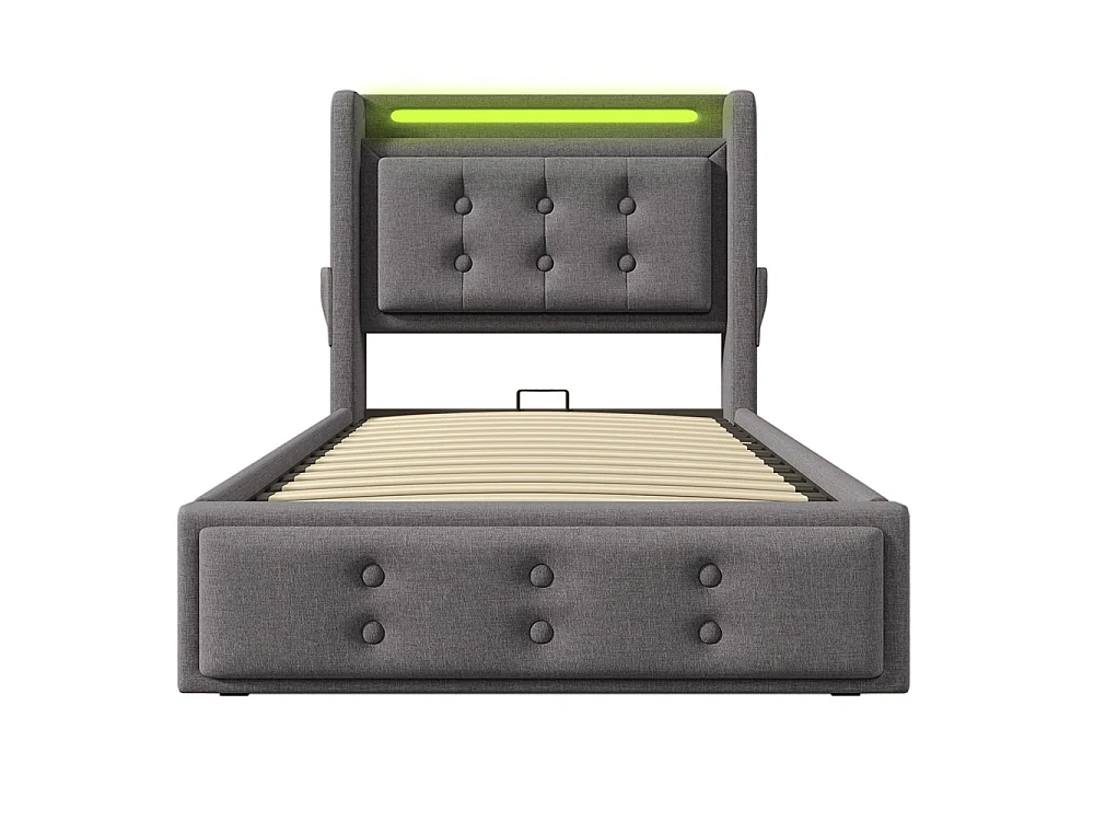 Lit Coffre 90 x 200 cm - avec LED et port USB-C - Tête de lit capitonné avec étagères ouvertes - Sommier à lattes - Gris - Coton