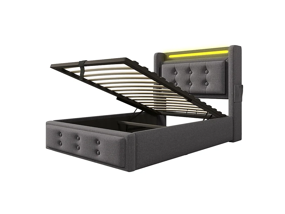 Lit Coffre 90 x 200 cm - avec LED et port USB-C - Tête de lit capitonné avec étagères ouvertes - Sommier à lattes - Gris - Coton