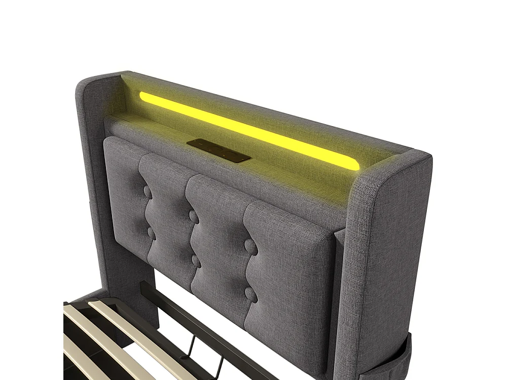 Lit Coffre 90 x 200 cm - avec LED et port USB-C - Tête de lit capitonné avec étagères ouvertes - Sommier à lattes - Gris - Coton