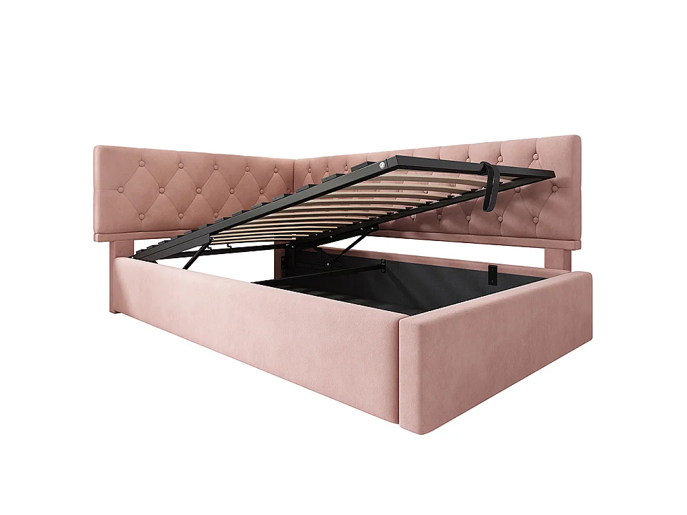 Lit coffre rembourré 90x200 cm - Canapé-lit avec rangement hydraulique - Lit enfant - Sommier à lattes - Velours - Rose