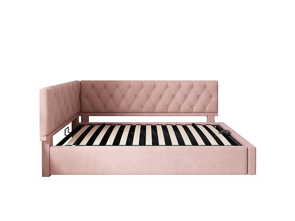 Lit coffre rembourré 90x200 cm - Canapé-lit avec rangement hydraulique - Lit enfant - Sommier à lattes - Velours - Rose