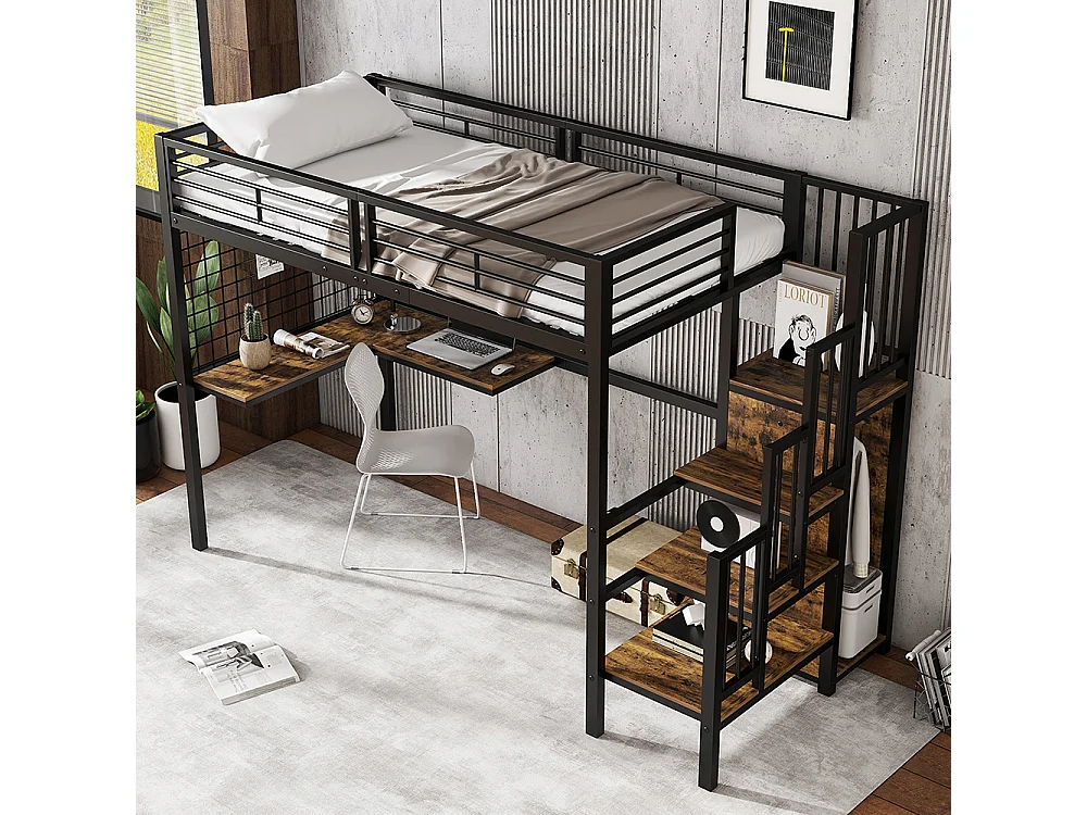 Lit mezzanine 90 x 200 cm, avec table et armoire, échelle latérale avec main courante, métal + panneau de particules, noir