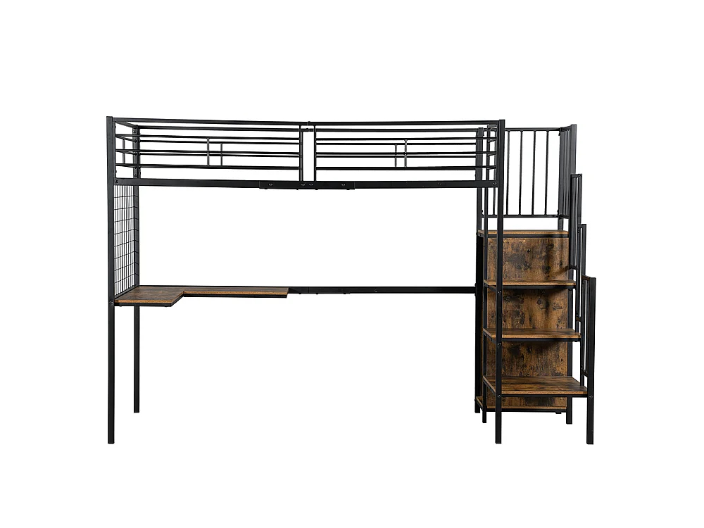 Lit mezzanine 90 x 200 cm, avec table et armoire, échelle latérale avec main courante, métal + panneau de particules, noir