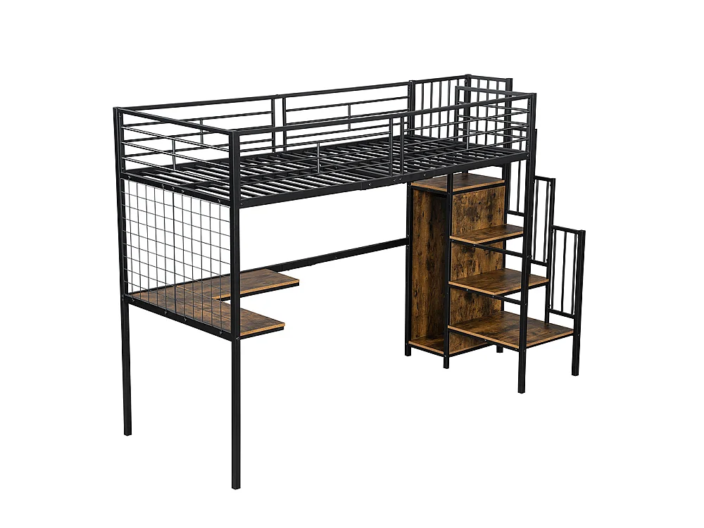 Lit mezzanine 90 x 200 cm, avec table et armoire, échelle latérale avec main courante, métal + panneau de particules, noir