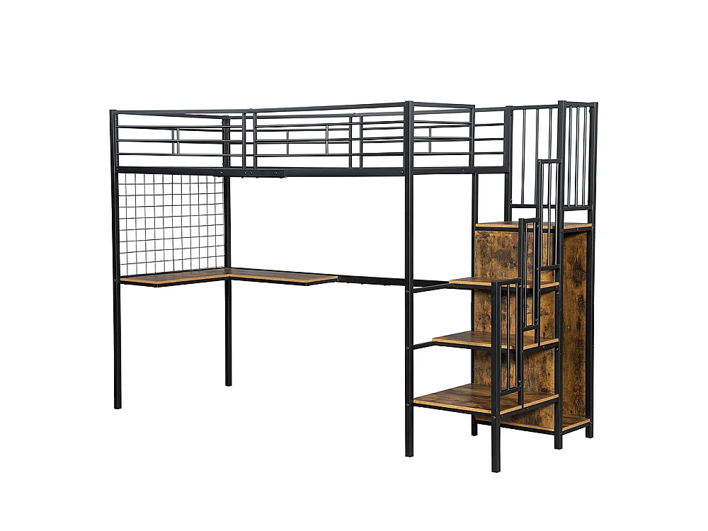 Lit mezzanine 90 x 200 cm, avec table et armoire, échelle latérale avec main courante, métal + panneau de particules, noir