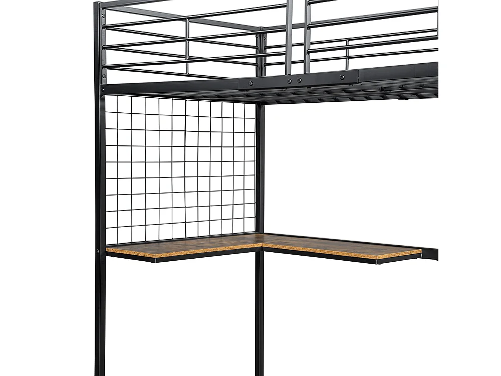 Lit mezzanine 90 x 200 cm, avec table et armoire, échelle latérale avec main courante, métal + panneau de particules, noir