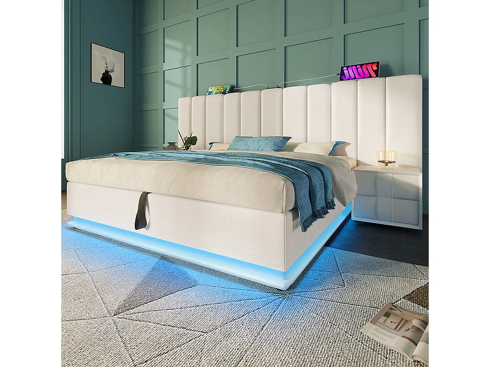 Lit coffre rembourré en similicuir 180x200 cm - App Control LED - Ports USB-C - Sommier à lattes - Blanc