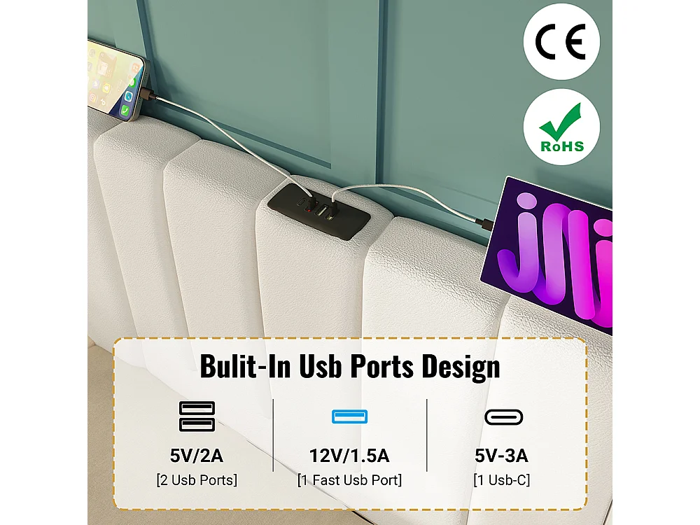 Lit coffre rembourré en similicuir 180x200 cm - App Control LED - Ports USB-C - Sommier à lattes - Blanc