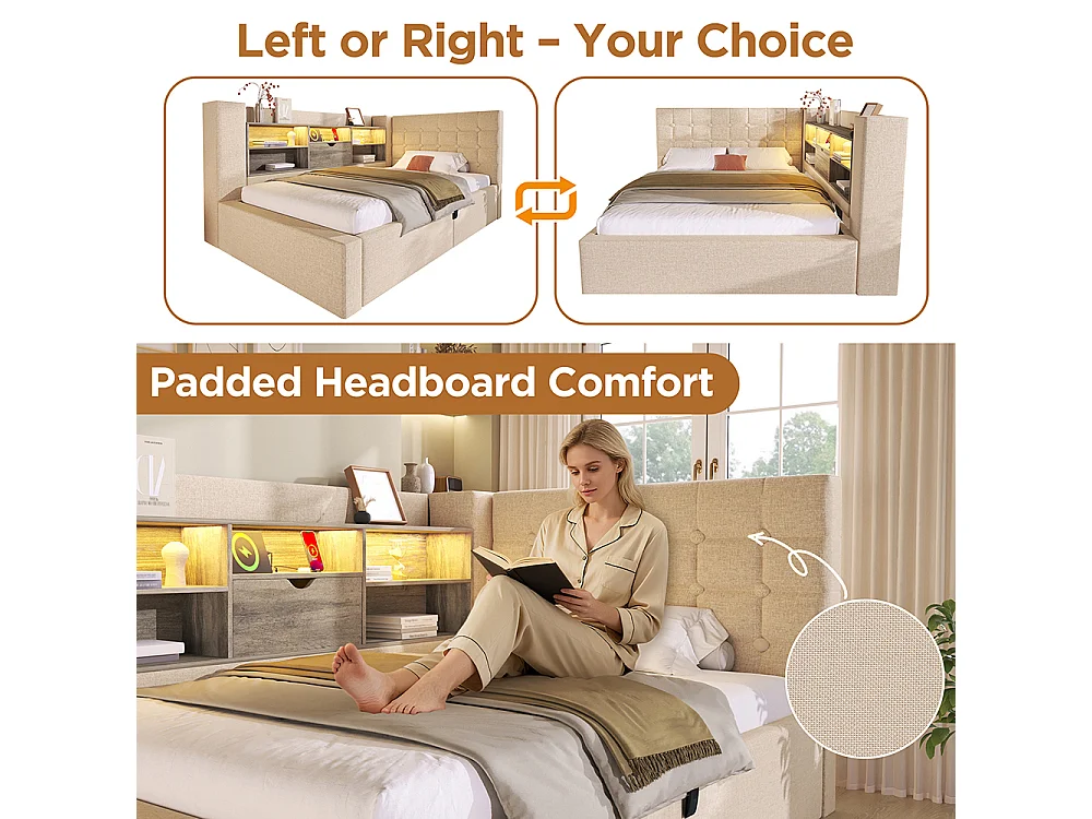 Canapé lit coffre 90 x 200 cm, éclairage LED et port USB-Type C, Tête de lit en L avec rangement, Sommier à lattes, Lin, Beige