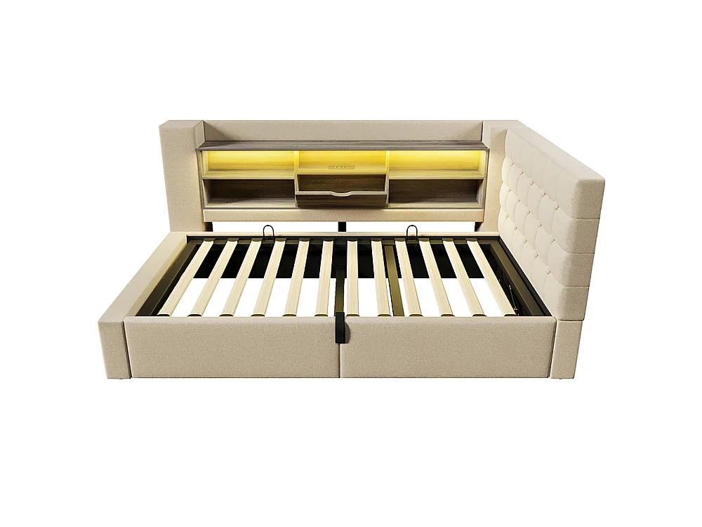 Canapé lit coffre 90 x 200 cm, éclairage LED et port USB-Type C, Tête de lit en L avec rangement, Sommier à lattes, Lin, Beige