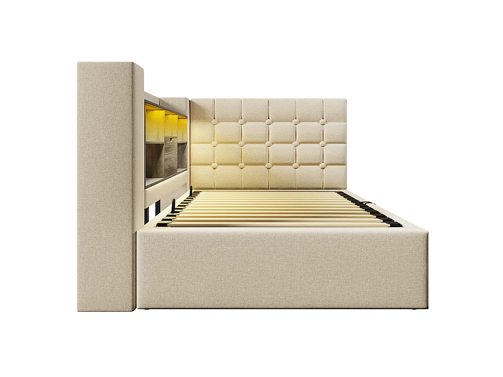 Canapé lit coffre 90 x 200 cm, éclairage LED et port USB-Type C, Tête de lit en L avec rangement, Sommier à lattes, Lin, Beige