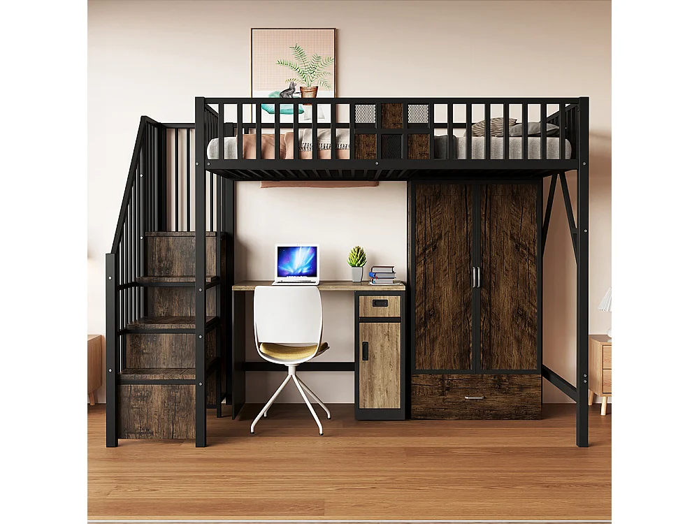 Lit Mezzanine en métal 90x200 cm, avec Armoire, Tiroir, échelle de rangement, Grillage métallique, Noir, pour adolescent adulte