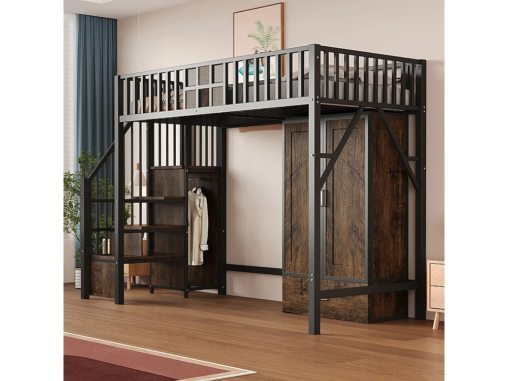 Lit Mezzanine en métal 90x200 cm, avec Armoire, Tiroir, échelle de rangement, Grillage métallique, Noir, pour adolescent adulte