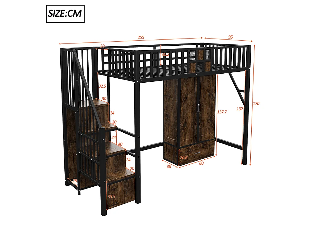 Lit Mezzanine en métal 90x200 cm, avec Armoire, Tiroir, échelle de rangement, Grillage métallique, Noir, pour adolescent adulte