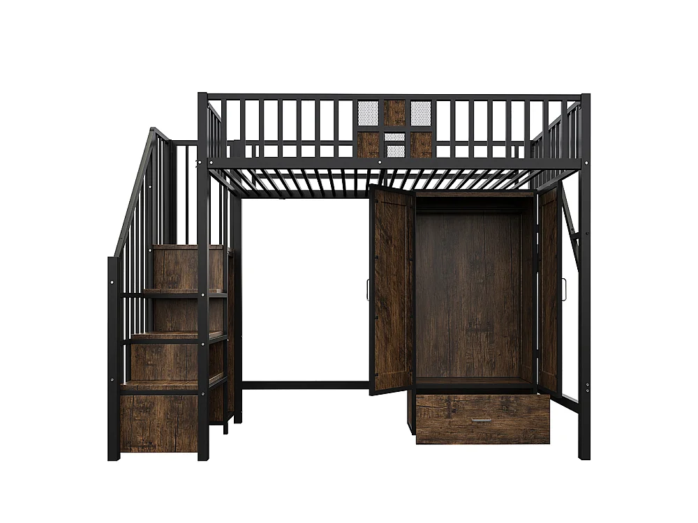 Lit Mezzanine en métal 90x200 cm, avec Armoire, Tiroir, échelle de rangement, Grillage métallique, Noir, pour adolescent adulte