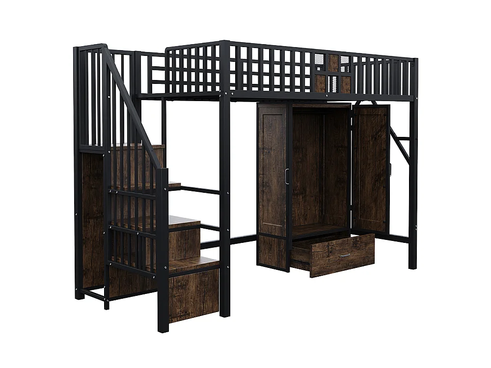 Lit Mezzanine en métal 90x200 cm, avec Armoire, Tiroir, échelle de rangement, Grillage métallique, Noir, pour adolescent adulte
