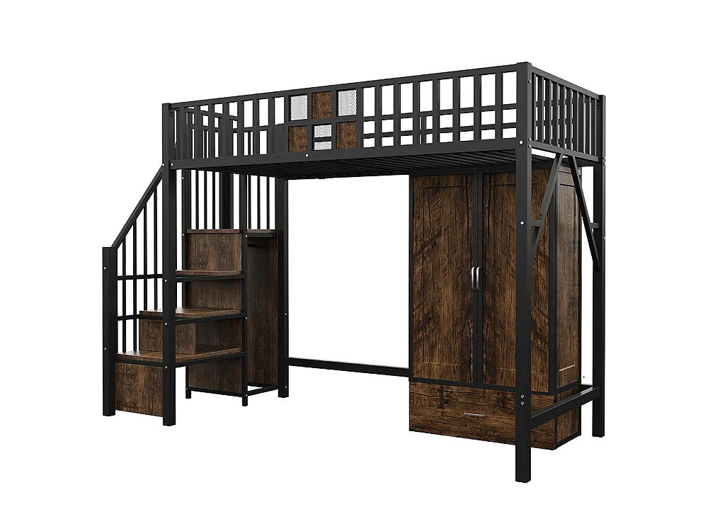 Lit Mezzanine en métal 90x200 cm, avec Armoire, Tiroir, échelle de rangement, Grillage métallique, Noir, pour adolescent adulte