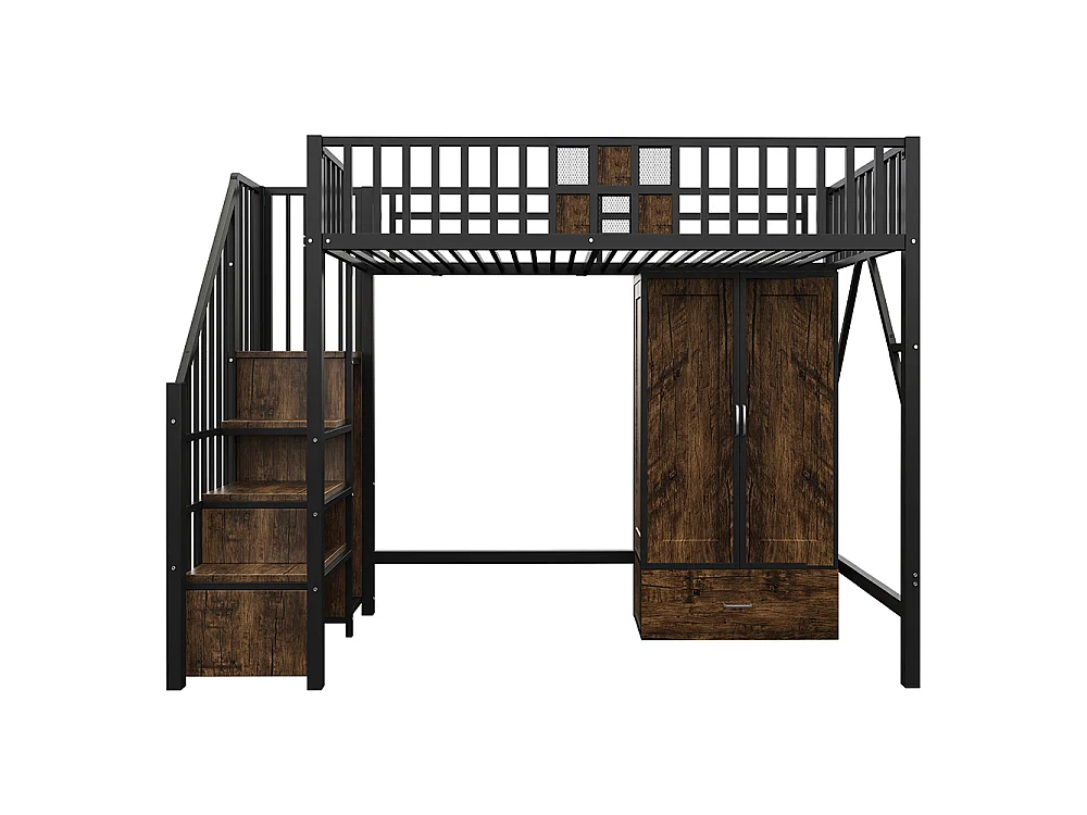 Lit Mezzanine en métal 90x200 cm, avec Armoire, Tiroir, échelle de rangement, Grillage métallique, Noir, pour adolescent adulte