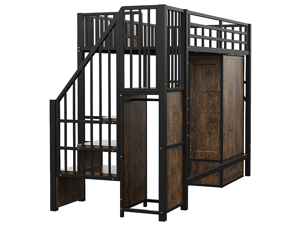 Lit Mezzanine en métal 90x200 cm, avec Armoire, Tiroir, échelle de rangement, Grillage métallique, Noir, pour adolescent adulte