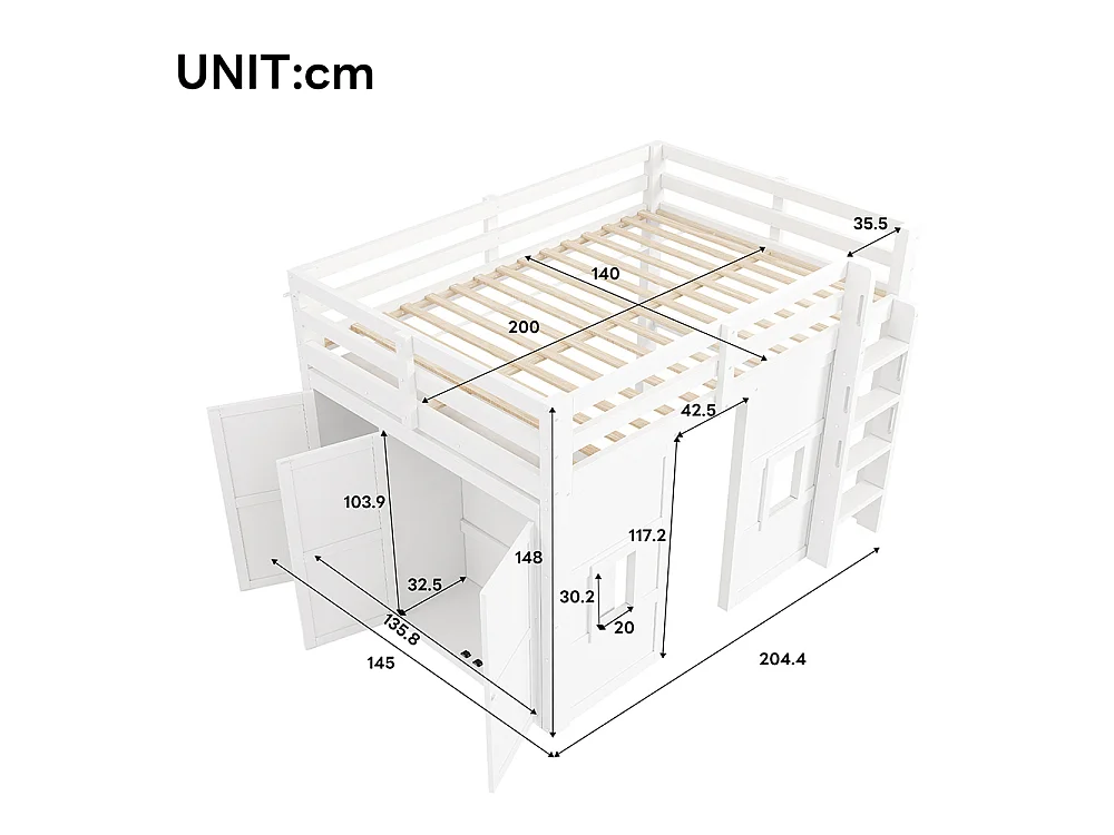 Lit mezzanine enfant 140 x 200 cm en bois massif - avec armoire intégrée - éclairage LED - échelle - sommier à lattes - blanc