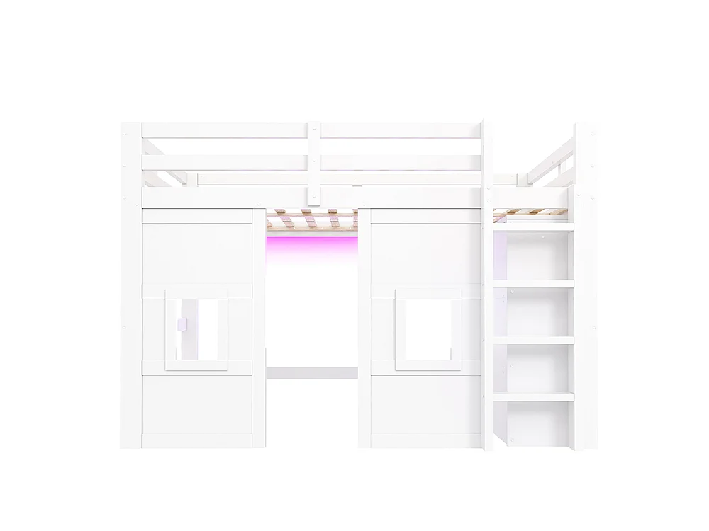 Lit mezzanine enfant 140 x 200 cm en bois massif - avec armoire intégrée - éclairage LED - échelle - sommier à lattes - blanc