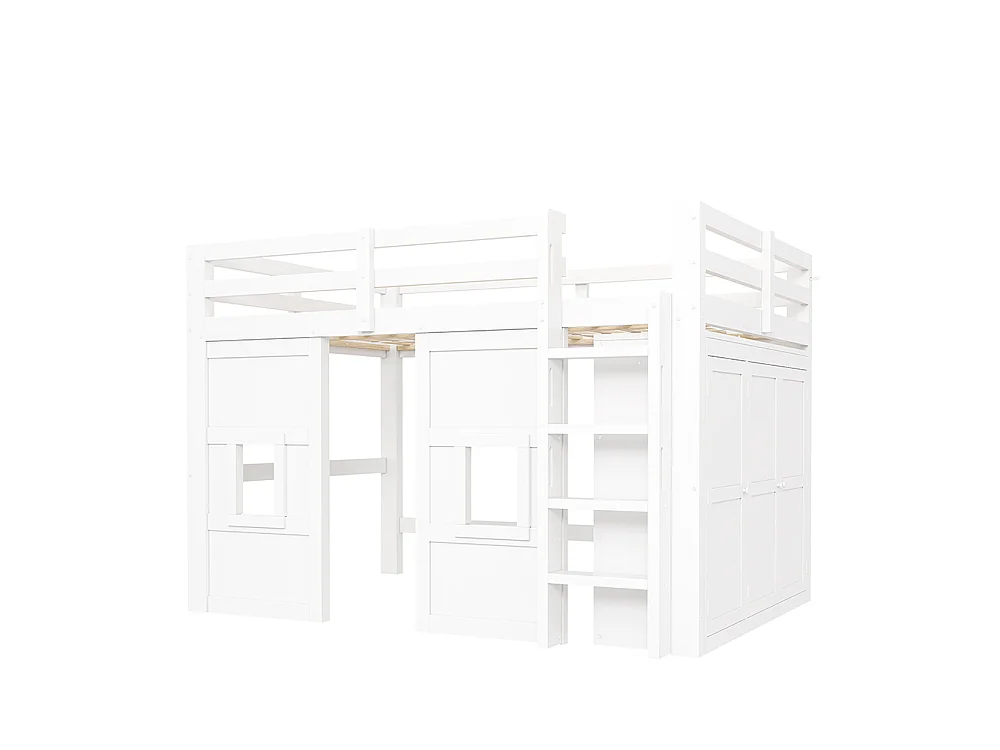 Lit mezzanine enfant 140 x 200 cm en bois massif - avec armoire intégrée - éclairage LED - échelle - sommier à lattes - blanc
