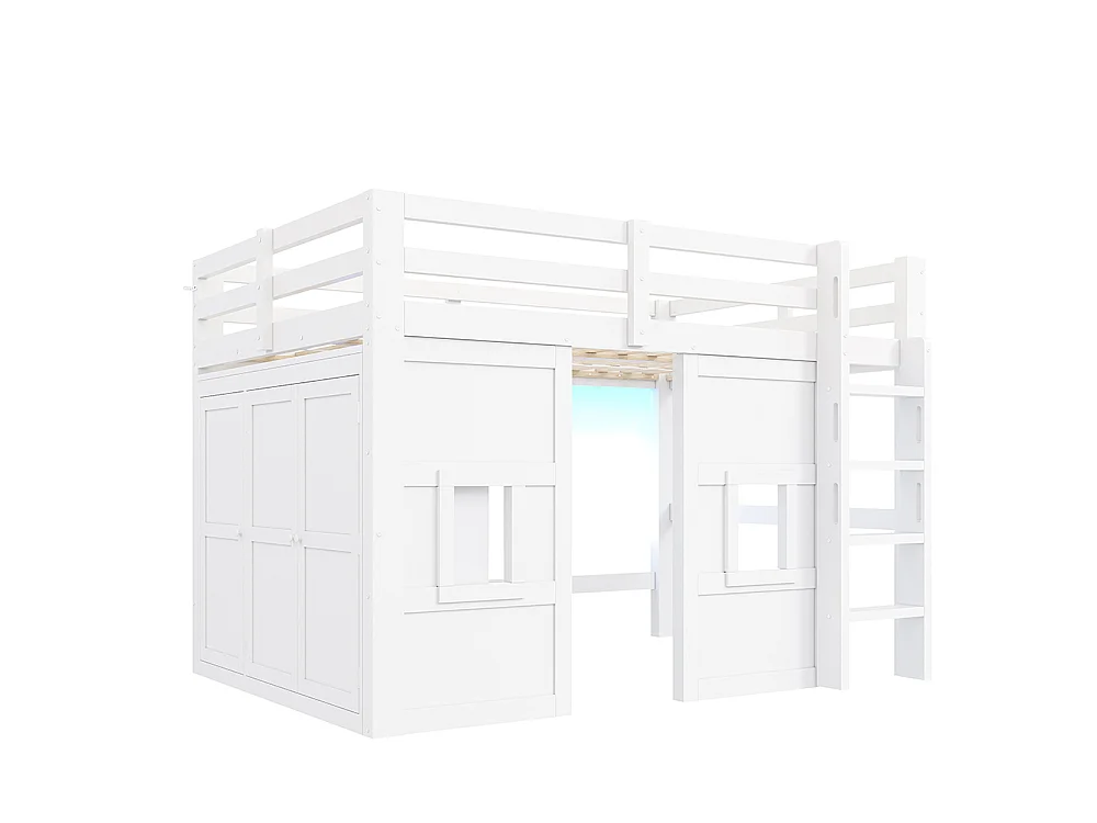 Lit mezzanine enfant 140 x 200 cm en bois massif - avec armoire intégrée - éclairage LED - échelle - sommier à lattes - blanc