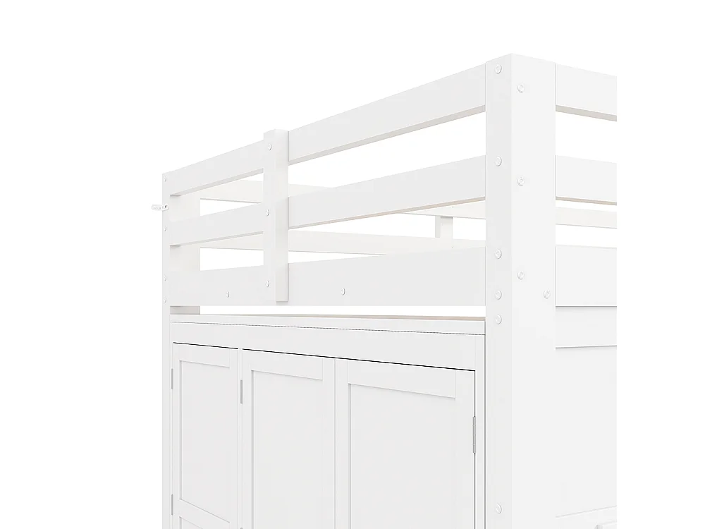 Lit mezzanine enfant 140 x 200 cm en bois massif - avec armoire intégrée - éclairage LED - échelle - sommier à lattes - blanc