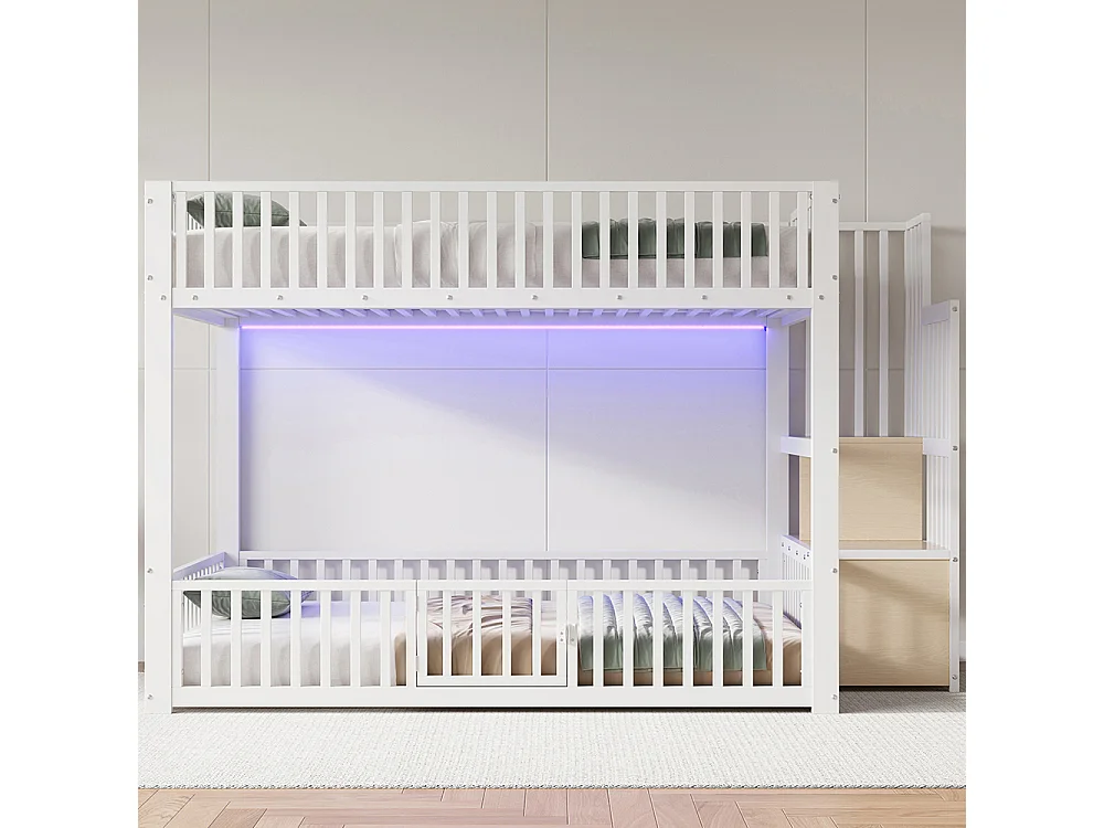 Lit mezzanine 140x200 cm, Lit superposé enfant avec escalier de rangement, Lumières LED, Protection anti-chute et porte, Métal, Blanc