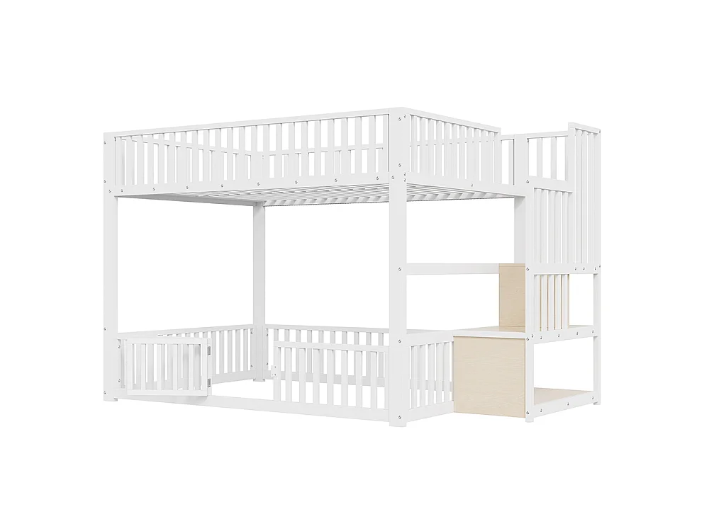 Lit mezzanine 140x200 cm, Lit superposé enfant avec escalier de rangement, Lumières LED, Protection anti-chute et porte, Métal, Blanc