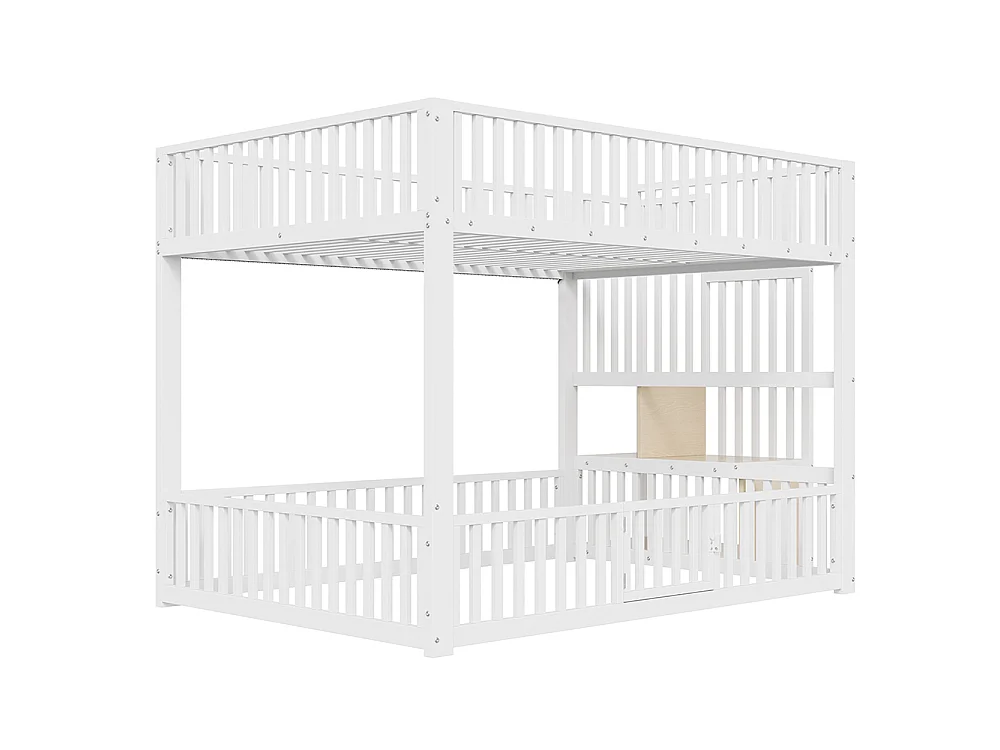 Lit mezzanine 140x200 cm, Lit superposé enfant avec escalier de rangement, Lumières LED, Protection anti-chute et porte, Métal, Blanc