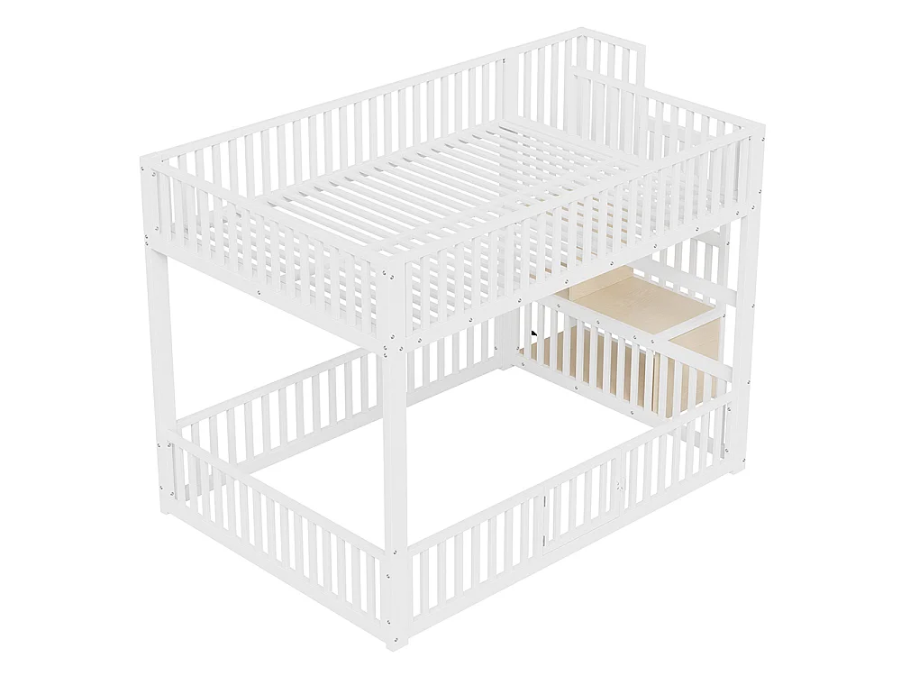 Lit mezzanine 140x200 cm, Lit superposé enfant avec escalier de rangement, Lumières LED, Protection anti-chute et porte, Métal, Blanc