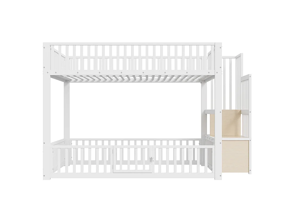 Lit mezzanine 140x200 cm, Lit superposé enfant avec escalier de rangement, Lumières LED, Protection anti-chute et porte, Métal, Blanc
