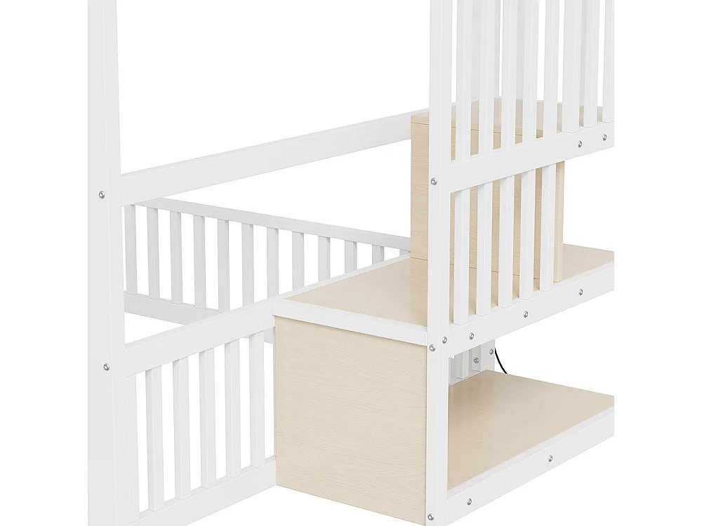 Lit mezzanine 140x200 cm, Lit superposé enfant avec escalier de rangement, Lumières LED, Protection anti-chute et porte, Métal, Blanc