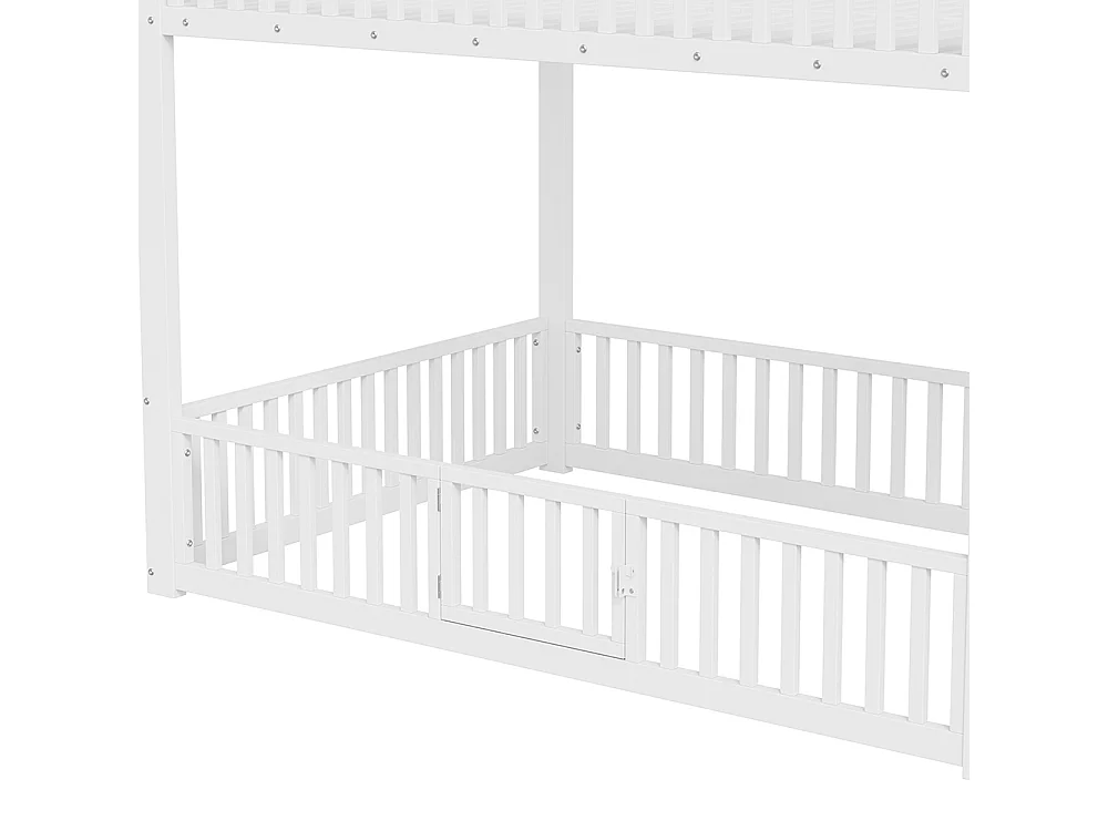 Lit mezzanine 140x200 cm, Lit superposé enfant avec escalier de rangement, Lumières LED, Protection anti-chute et porte, Métal, Blanc
