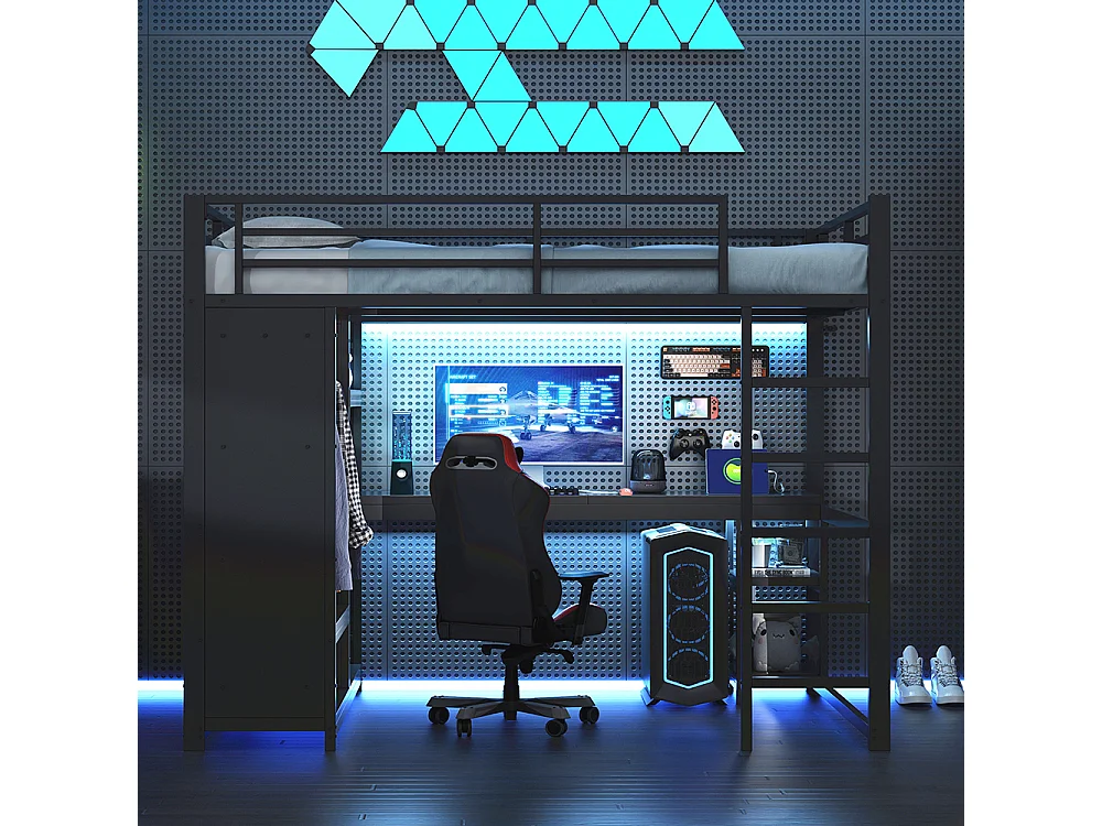 Lit mezzanine gaming en métal 140 x 200 cm avec éclairage LED, bureau, armoire ouverte et étagères, ports USB, noir