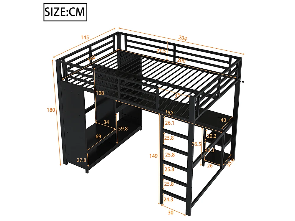 Lit mezzanine gaming en métal 140 x 200 cm avec éclairage LED, bureau, armoire ouverte et étagères, ports USB, noir