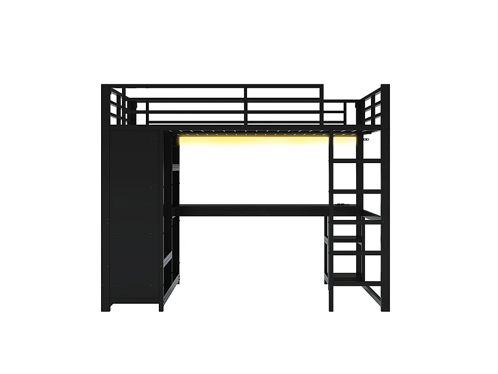 Lit mezzanine gaming en métal 140 x 200 cm avec éclairage LED, bureau, armoire ouverte et étagères, ports USB, noir
