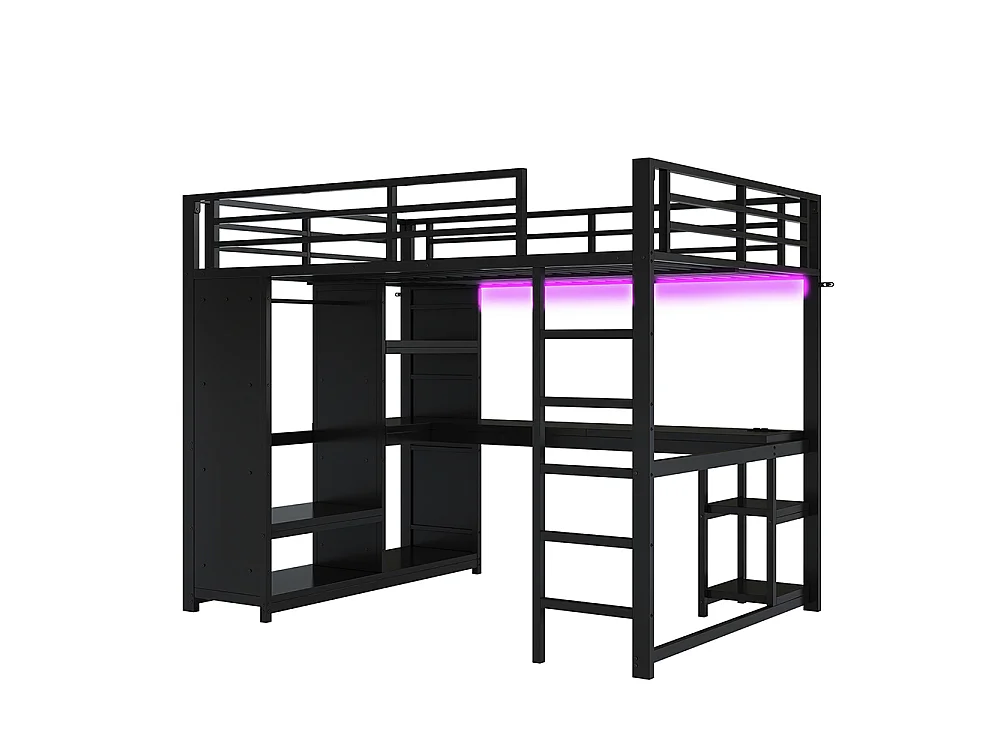 Lit mezzanine gaming en métal 140 x 200 cm avec éclairage LED, bureau, armoire ouverte et étagères, ports USB, noir