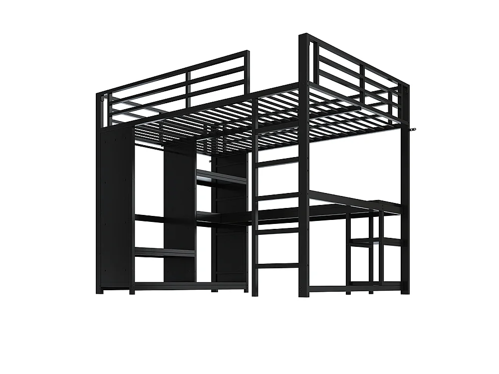 Lit mezzanine gaming en métal 140 x 200 cm avec éclairage LED, bureau, armoire ouverte et étagères, ports USB, noir
