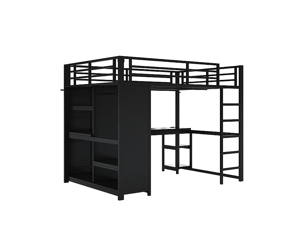 Lit mezzanine gaming en métal 140 x 200 cm avec éclairage LED, bureau, armoire ouverte et étagères, ports USB, noir