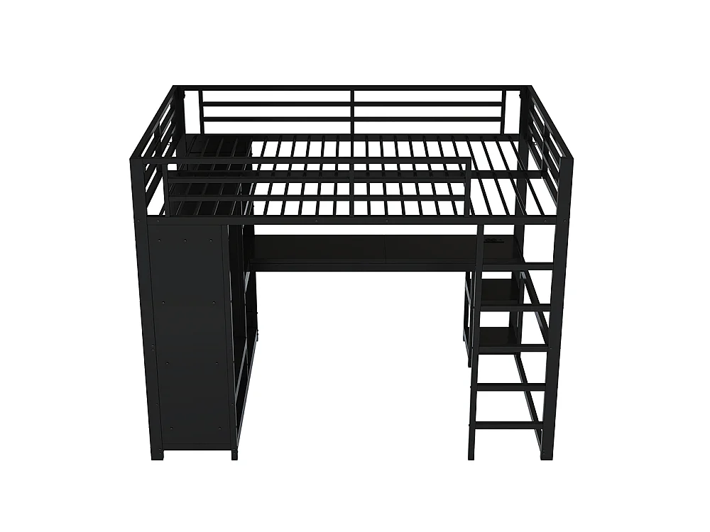 Lit mezzanine gaming en métal 140 x 200 cm avec éclairage LED, bureau, armoire ouverte et étagères, ports USB, noir