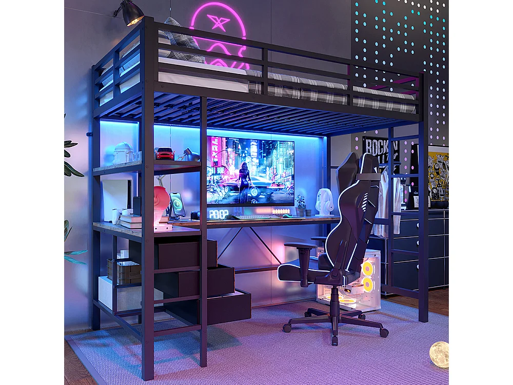 Lit mezzanine 90x200 cm - avec éclairage LED - Bureau en L - 3 tiroirs - ports USB - étagère - escalier - porte-manteau - noir