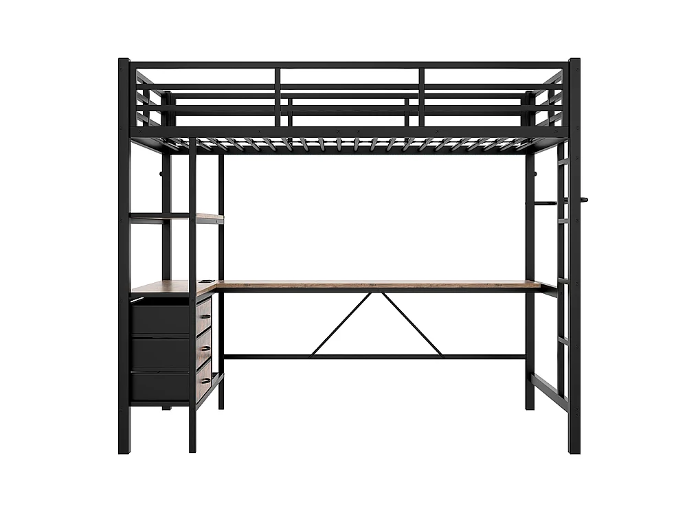 Lit mezzanine 90x200 cm - avec éclairage LED - Bureau en L - 3 tiroirs - ports USB - étagère - escalier - porte-manteau - noir