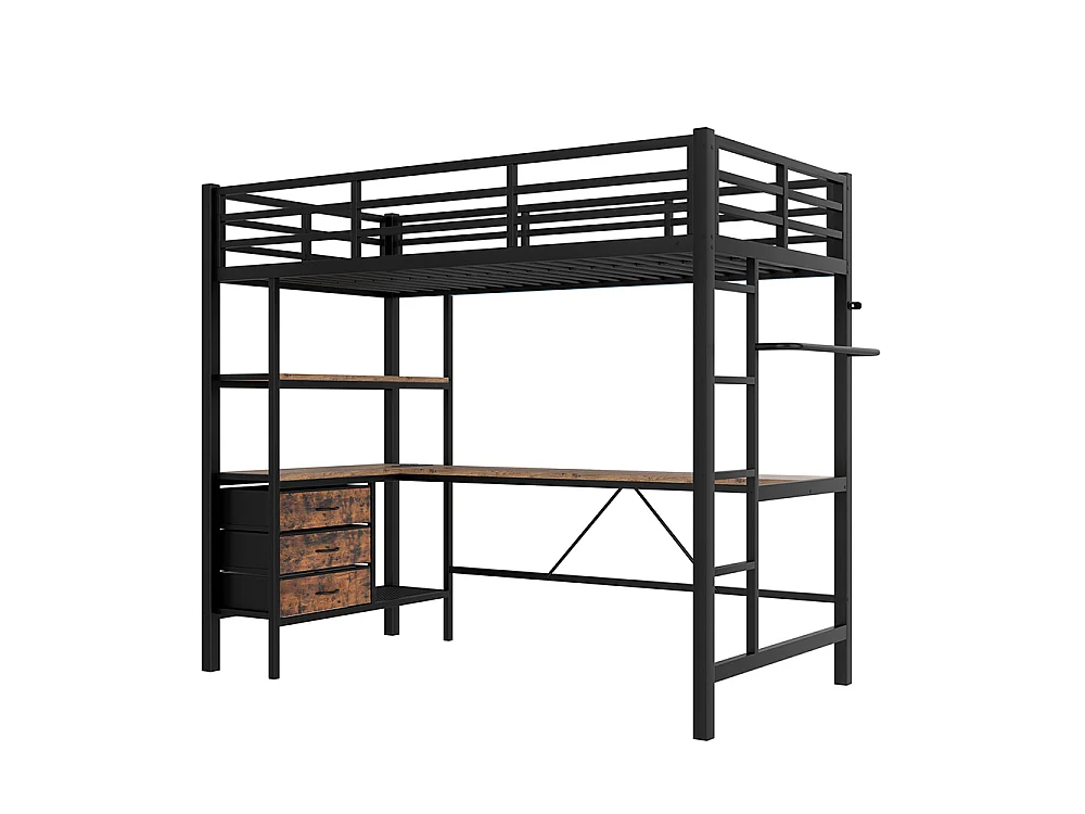 Lit mezzanine 90x200 cm - avec éclairage LED - Bureau en L - 3 tiroirs - ports USB - étagère - escalier - porte-manteau - noir
